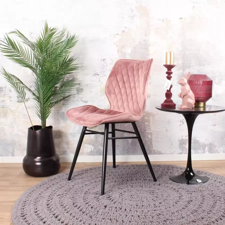 DS4U Ruby 2.0 Eetkamerstoel Velvet Roze Velours Eetkamer Stoel Zwart Metalen Poten Comfortabel Industrieel Design Rugleuning en Zitvlak met Sierstiksels Stoer - Foto 3