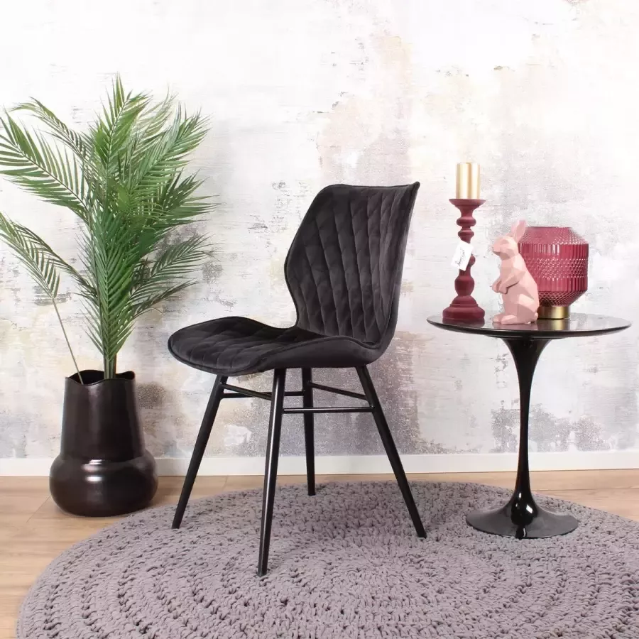 DS4U Ruby 2.0 Eetkamerstoel Velvet Zwart Velours Eetkamer Stoel Zwart Metalen Poten Comfortabel Industrieel Design Rugleuning en Zitvlak met Sierstiksels Stoer - Foto 3