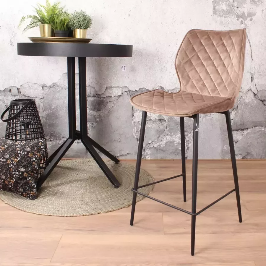 DS4U Ruby Barkruk Velvet Champagne 66 cm Zithoogte Velours Bar Kruk Speelse Sierstiksels Eetkamer Stoel Fluweel Kruk Rugleuning Barstoel met Voetsteun Design Barkrukken Zwarte Metalen Poten Beige - Foto 2