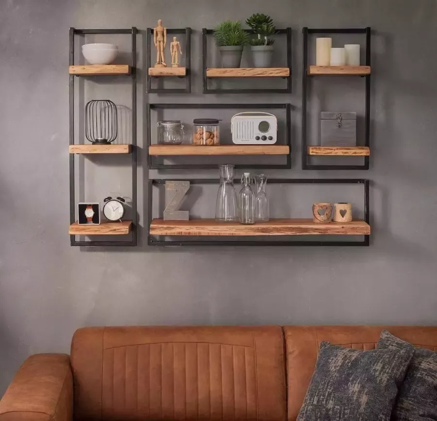 DS4U Wandplank Woody Metaal wandschap wandrek zwevend industrieel metaal hout boomstam set van 6