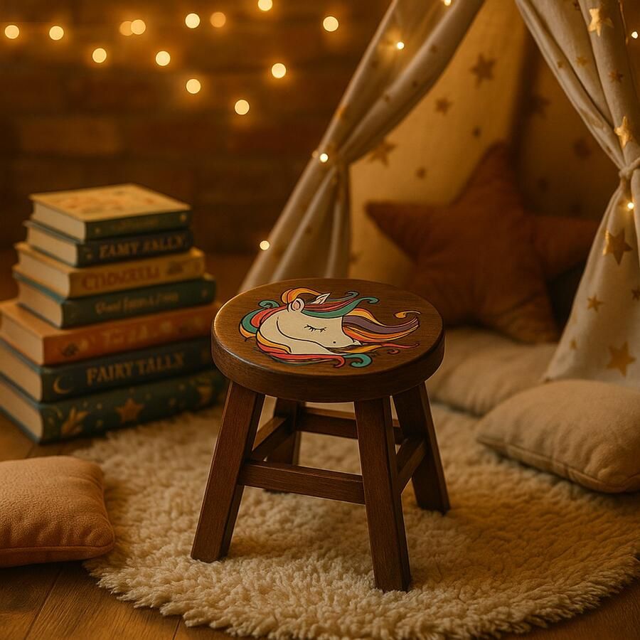 DSB Houten Krukje voor Kinderen – Unicorn Design Perfect voor Kinderkamer of Speelhoek Handbeschilderd Acaciahout 26 cm