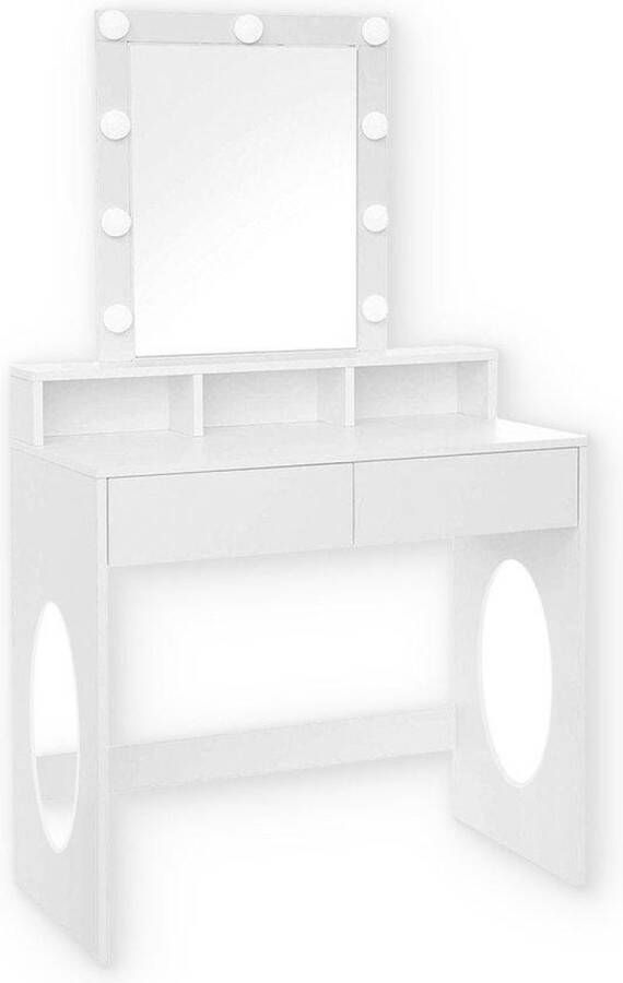 DTM Premium Kaptafel met spiegel en dimbare lampen make-up tafel cosmetische tafel 3 open vakken en 2 lades wit