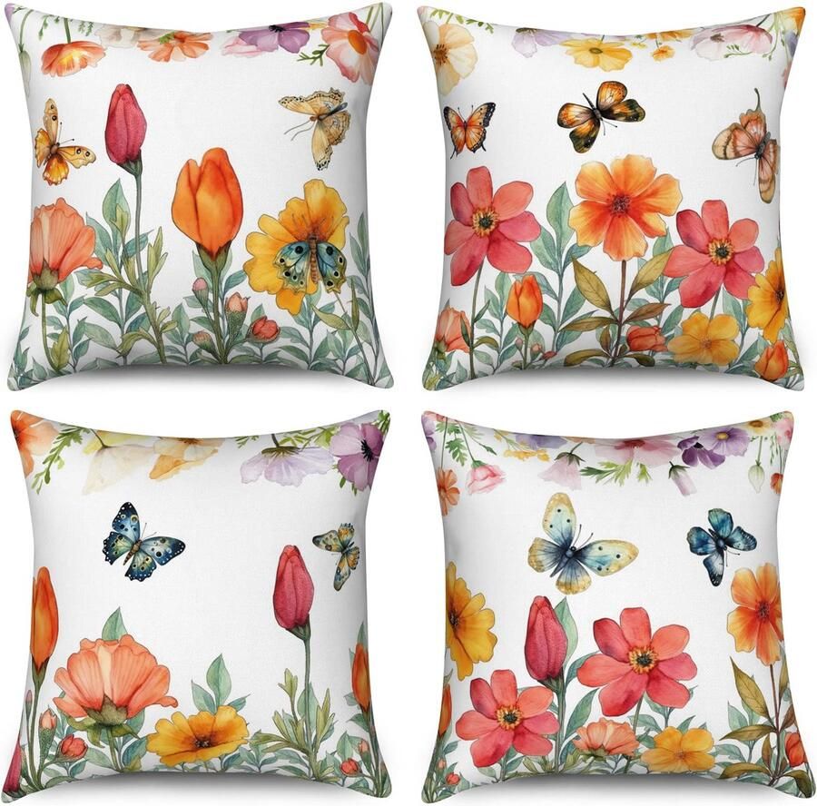 Duits Bloemenkussenslopen 45 x 45 cm set van 4 boerderij tuin terras kleurrijke bloemen vlinder decoratieve kussenslopen esthetische linnen kussenslopen voor sofa bank buiten woondecoratie