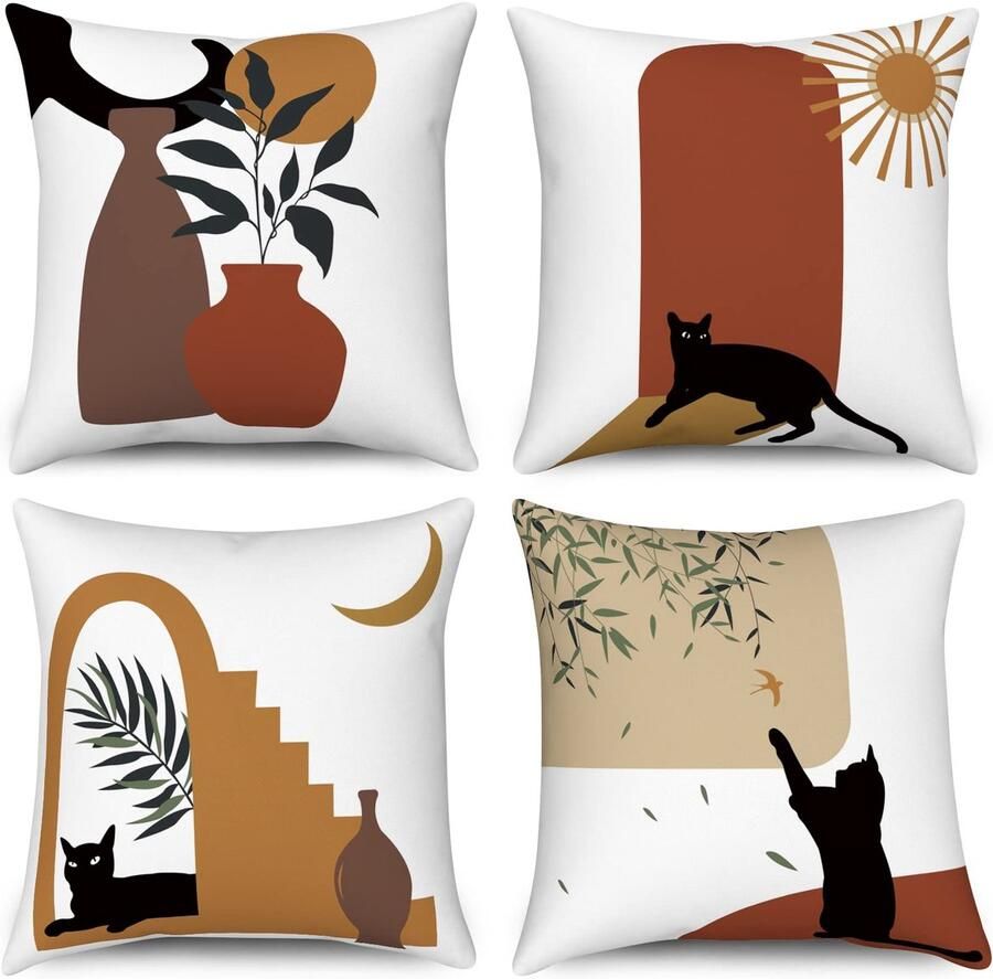 Duits Boho Kussenslopen 40 x 40 cm set van 4 abstracte zwarte kat plant zon maan decoratieve kussenhoezen moderne minimalistische kunst esthetische linnen kussenslopen voor sofa bank bed tuin woondecoratie