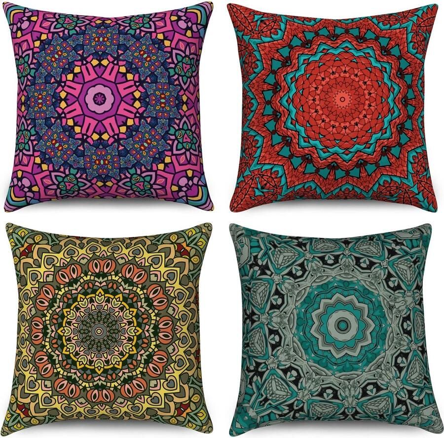 Duits Boho Kussenslopen 45 x 45 cm set van 4 Retro Bloemen Mandala Kompas Medaillon Decoratieve Sierkussenhoezen Bohemian Hippie Kleurrijke Linnen Kussenslopen voor Slaapbank Tuin Outdoor Home Decor