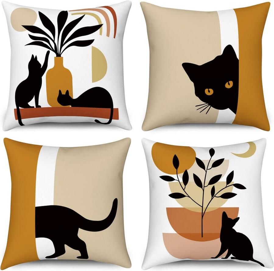Duits Boho kussenslopen 50 x 50 cm set van 4 abstracte zwarte kat plant zon maan decoratieve kussenhoezen moderne minimalistische kunst esthetische linnen kussenslopen voor sofa bank bed tuin woondecoratie