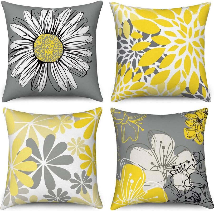 Duits Gele kussenslopen 50 x 50 cm set van 4 geel en grijs bloemen decoratieve kussenhoezen moderne madeliefje boerderij linnen kussenslopen voor sofa bank tuin buiten woondecoratie