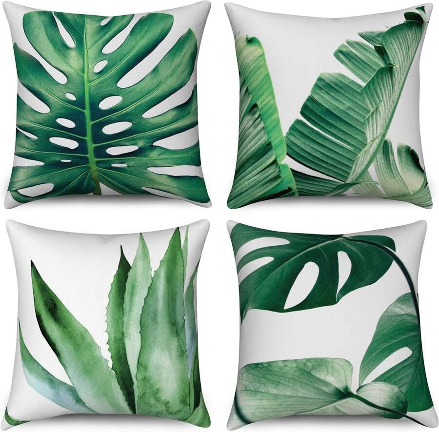 Duits Groene kussenslopen 45 x 45 cm set van 4 tropische bananenpalm monstera bladeren plant decoratieve kussenhoezen linnen vierkante kussenslopen voor bank tuin buiten woondecoratie