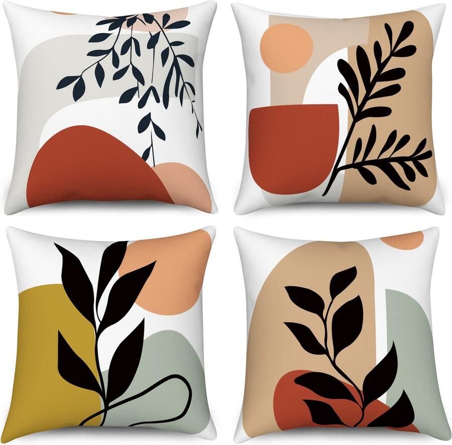 Senza Marchio Hnmdmyi Boho kussenhoezen 40 x 40 cm set van 4 abstracte bladplant zonsondergang zonsopgang decoratieve kussenhoezen geometrie moderne kunst esthetische linnen kussenslopen voor sofa bank bed tuin woondecoratie