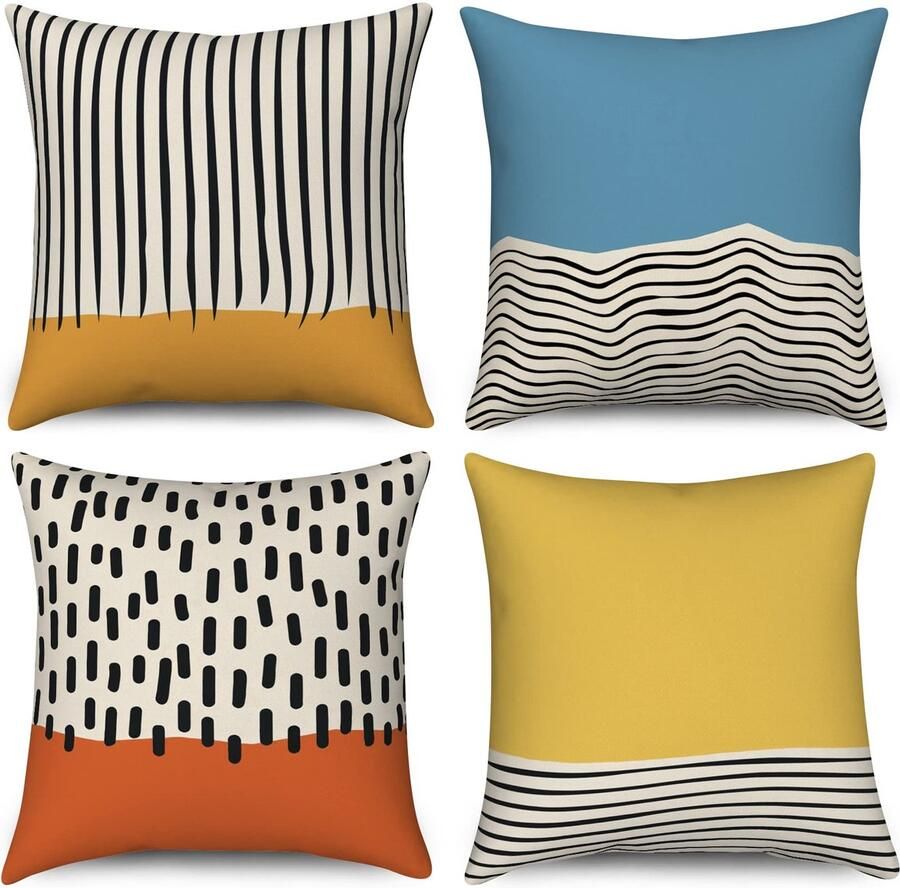 Duits kussenhoezen 40 x 40 cm set van 4 midden eeuw abstracte moderne geometrische decoratieve kussenhoezen blauw geel verbrand oranje linnen kussenslopen voor sofa bank outdoor home decor