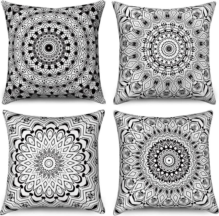 Duits Kussenslopen 40 x 40 cm set van 4 zwart retro bloemen mandala-kompasmedaillon boheemse decoratieve kussenhoezen linnen kussenslopen voor sofa bank tuin buiten woondecoratie