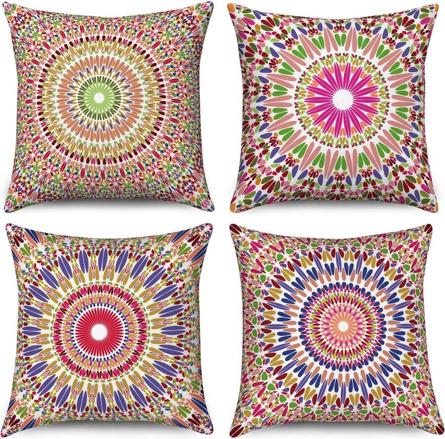 Duits Kussenslopen 50 x 50 cm set van 4 kleurrijke retro bloemen mandala kompasmedaillon boheemse decoratieve kussenslopen linnen kussenslopen voor sofa bank tuin buiten woondecoratie