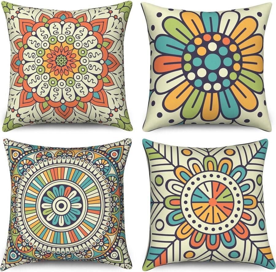 Duits kussenslopen 50 x 50 cm set van 4 retro kleurrijke mandala bloemen Boheemse decoratieve kussenhoezen hippie esthetische kunst linnen kussenslopen voor sofa bank tuin buiten
