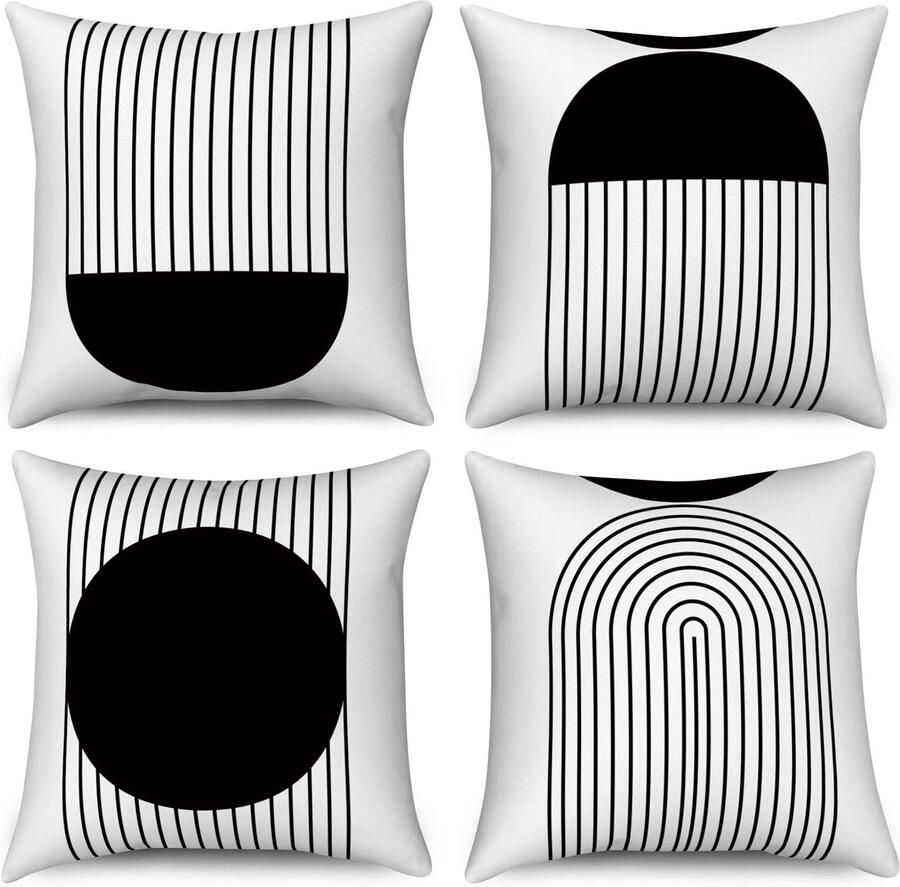 Duits kussenslopen 50 x 50 cm set van 4 zwart en wit midden eeuw abstracte geometrische boog zon decoratieve sierkussenhoezen moderne minimalistische linnen kussenslopen voor bank buiten woondecoratie