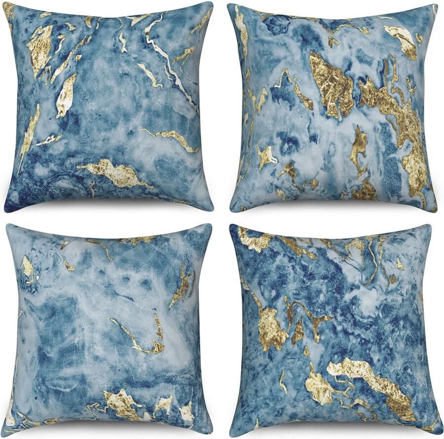 Duits Marmeren kussenslopen 40 x 40 cm set van 4 Blauw Goud Abstract Marmer Textuur Inkt Decoratieve Sierkussenslopen Moderne Luxe Kunst Linnen Kussenslopen voor Sofa Bank Bed Tuin Outdoor Home Decor