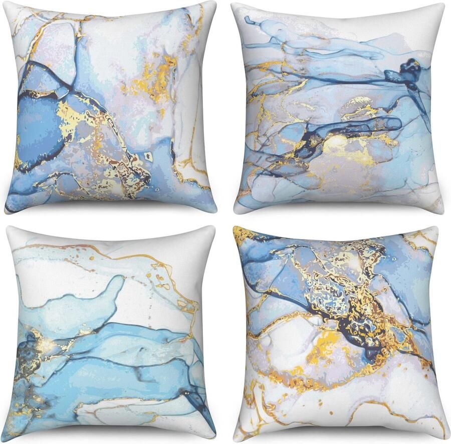 Duits Marmeren kussenslopen 40 x 40 cm set van 4 blauw gouden gradiënt abstracte marmeren textuur inkt decoratieve kussenslopen aquarel moderne kunst linnen kussenslopen voor sofa bank bed home decor