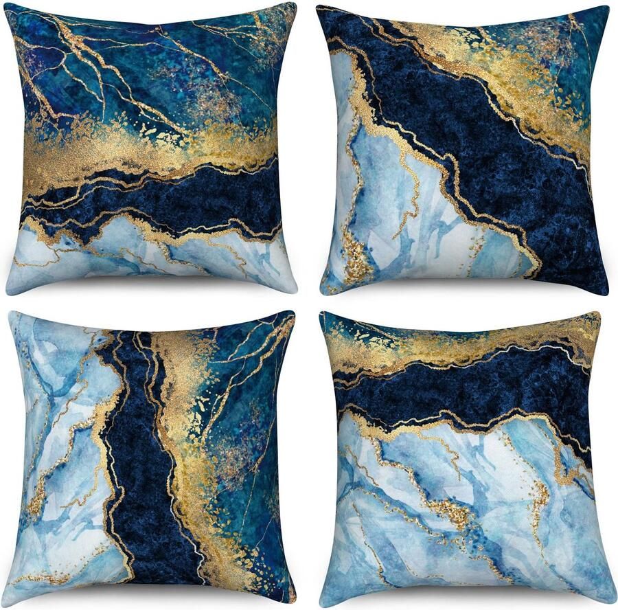 Duits Marmeren kussenslopen 40 x 40 cm set van 4 marineblauw en goud abstracte marmeren textuur decoratieve kussenhoezen moderne luxe kunst linnen kussenslopen voor sofa bank bed outdoor