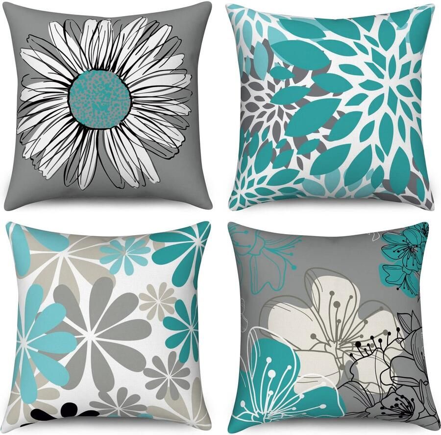 Duits Teal Kussenslopen 40 x 40 cm set van 4 groenblauw en grijs bloemen decoratieve kussenhoezen moderne madeliefje boerderij linnen kussenslopen voor slaapbank tuin buiten woondecoratie