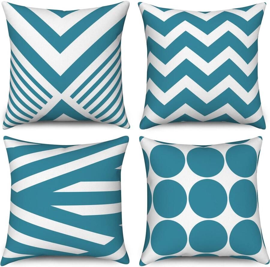 Duits Teal Kussenslopen 40 x 40 cm set van 4 modern abstract geometrisch patroon decoratieve kussenhoezen linnen kussenslopen voor sofa bank tuin buiten woondecoratie