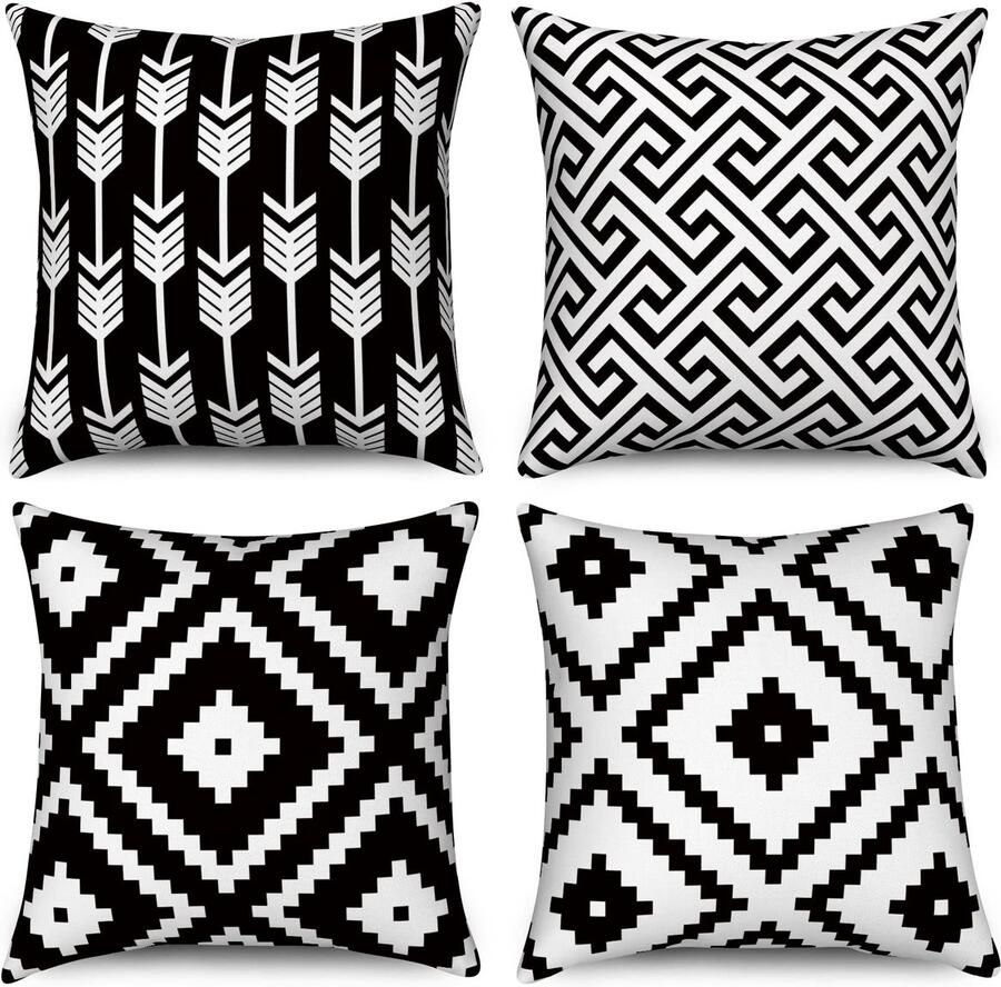 Duits Zwart-wit kussenslopen 45 x 45 cm set van 4 kussenslopen moderne geometrische patroon neutrale decoratieve linnen kussenslopen voor sofa bank tuin buiten woondecoratie