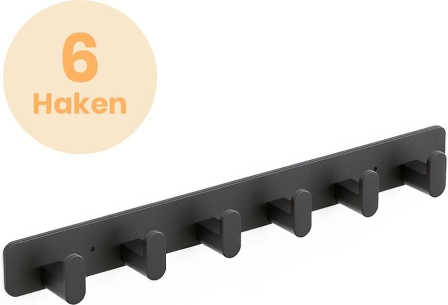 Duna Wandkapstok 6 Haken Muur Kapstok Hangend met 3M Tape Industrieel Zwart RVS
