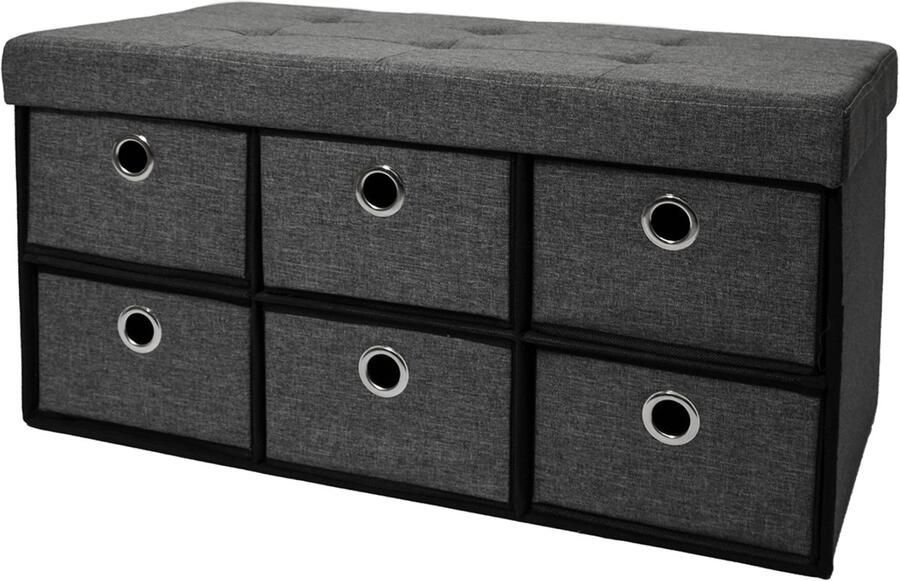 DuneDesign Opvouwbare bank 76x38x38x38cm met 6 laden commode 80l gepolsterde bank Ottomane linnen beige grijs - Foto 3