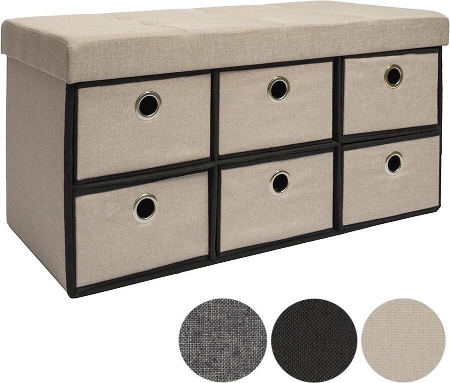 DuneDesign Opvouwbare bank 76x38x38x38cm met 6 laden commode 80l gepolsterde bank Ottomane linnen beige grijs - Foto 2