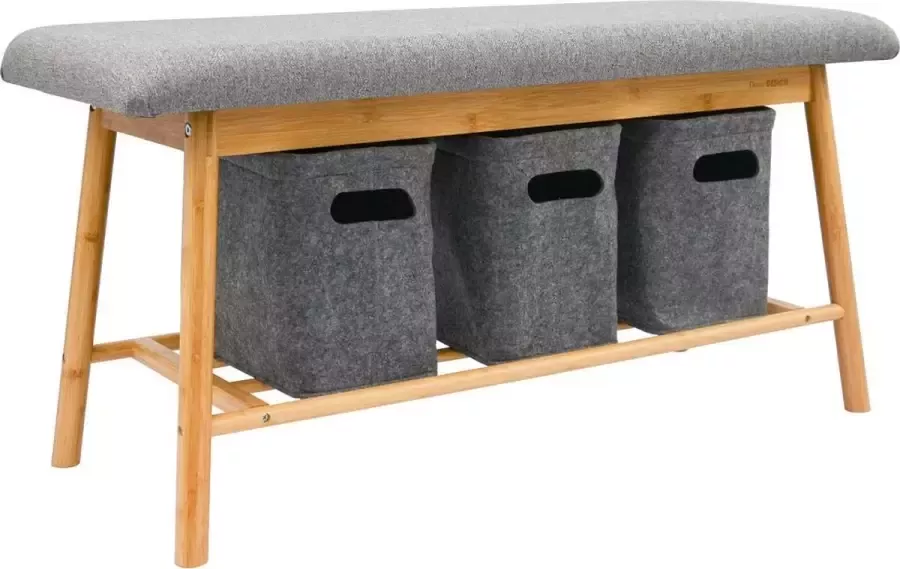 DuneDesign Scandinavische Bank met 3 Vilten Manden 90x34x44 Bamboe Schoenenbank Houten Entreebankje