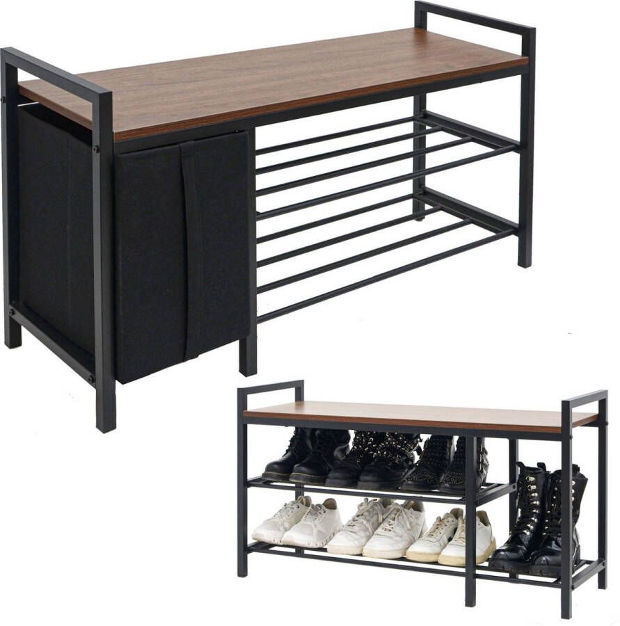 DuneDesign Schoenenbank Zwart met Mandje 92x30x52 Smal Metalen Schoenbankje voor Hal Zitbankje Schoenenrek