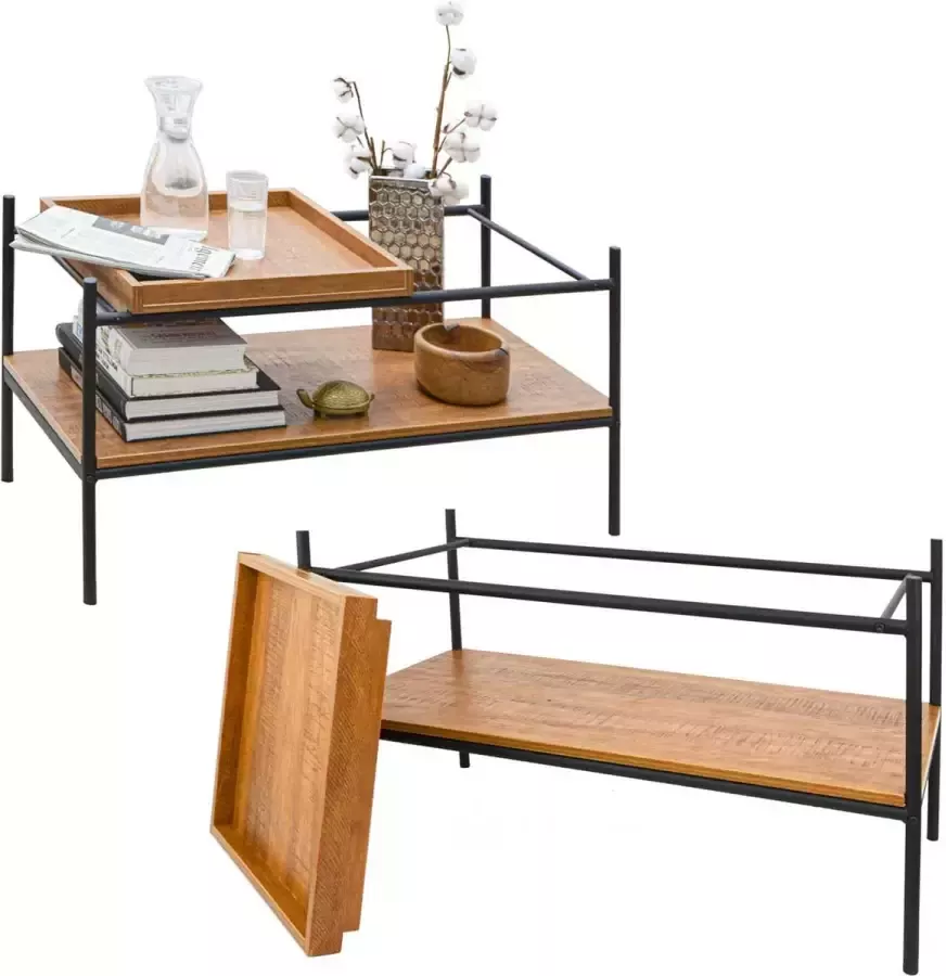 DuneDesign Vintage Salontafel met Houten Dienblad 90x44x50 Industriële Koffietafel met Metalen Frame Zwart