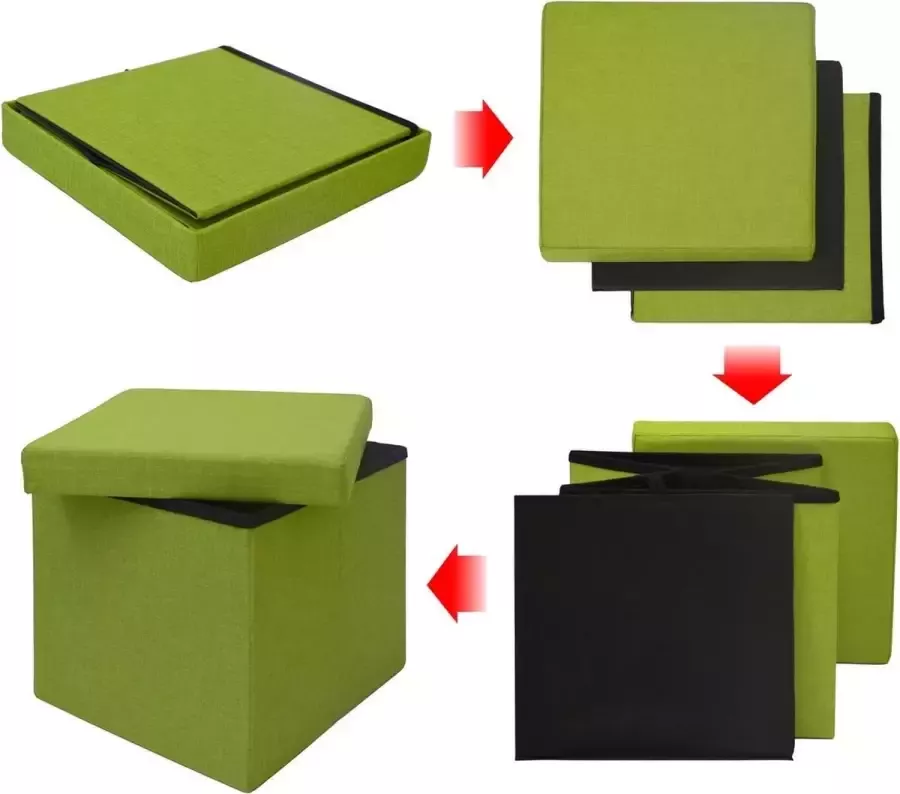 DuneDesign Zitblok opvouwbaar 38x38cm Zitbankje gestoffeerde kruk 42l opbergruimte Ottomaans groen