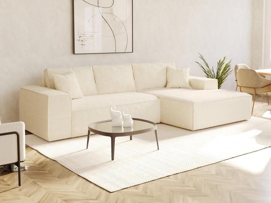 Dunlopillo Express-hoekslaapbank met hoek rechts van beige ribfluweel Bed 140 cm Matras 14 cm met vormgeheugen AMELIA L 302 cm x H 90 cm x D 165 cm