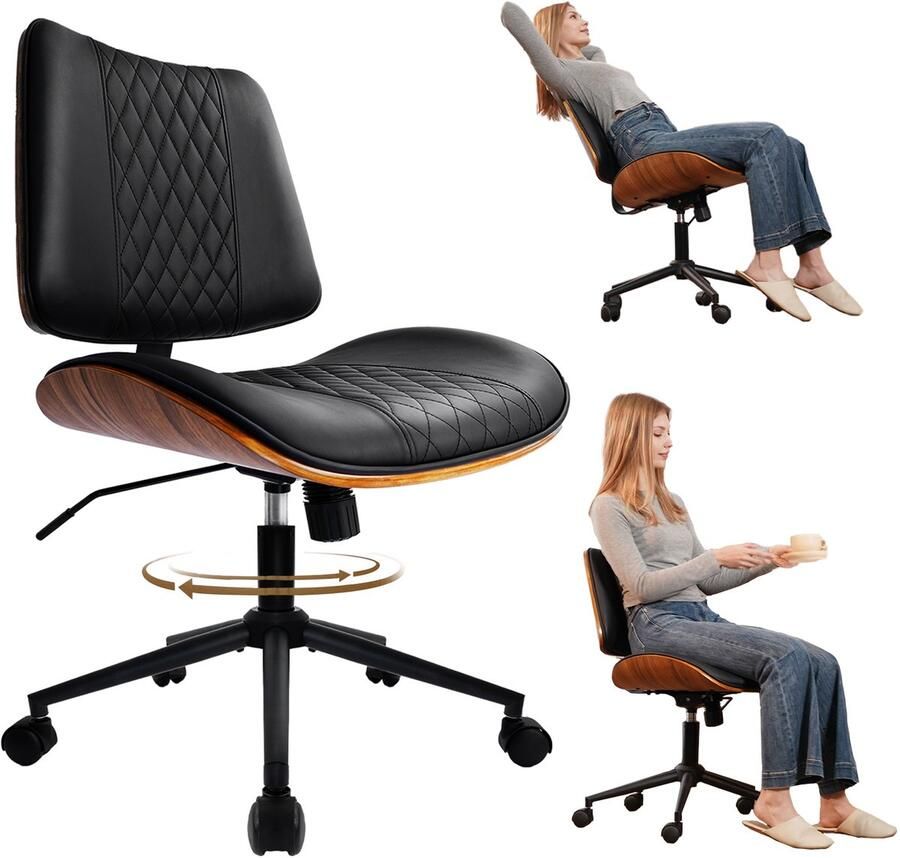 Durrafy Bureaustoel Ergonomisch Bureaustoel Bureaustoelen voor Volwassenen Bureaustoel zonder Armleuningen Verrijdbaar & In Hoogte Verstelbaar (90°-125°) Kantelbare Rugleuning Houten Afwerking Kunstleer Walnoot Zwart