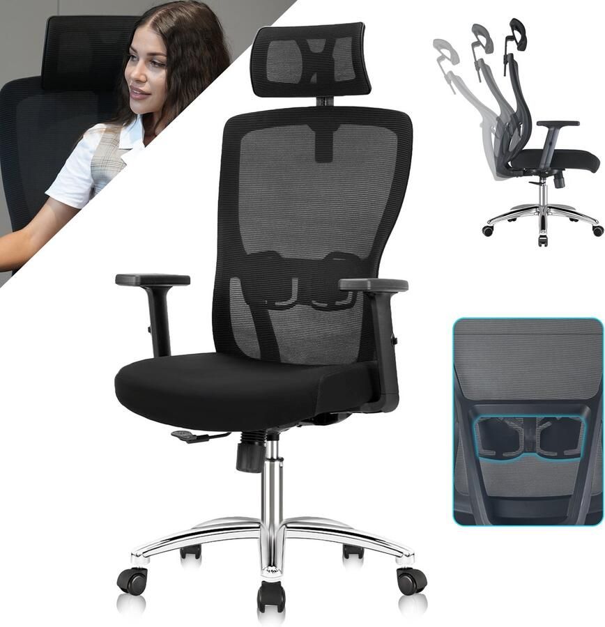 Durrafy Bureaustoel Ergonomische Bureaustoel Bureaustoelen voor Volwassenen Met Verstelbare Lendensteun Hoofdsteun & Armleuningen Hoge Rugleuning Schommel- en Kantelfunctie (90°-130°) Hoogteverstelling Geschikt voor Thuiswerk en Kantoor Zwart