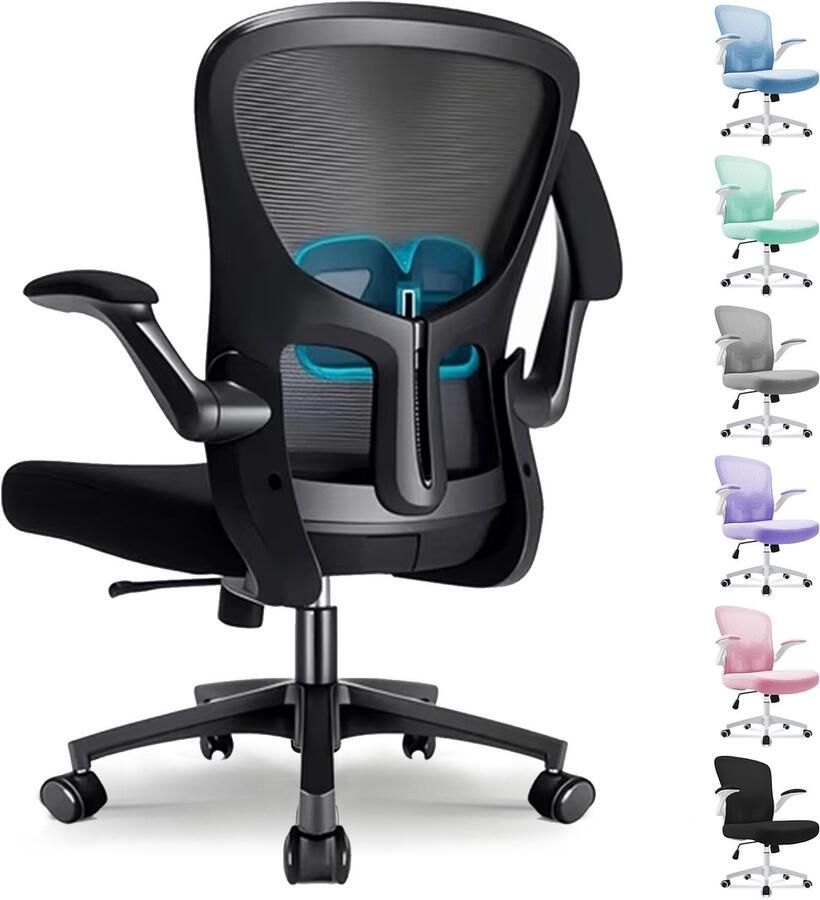 Durrafy Bureaustoel Ergonomische Bureaustoel Verstelbare Kantoorstoel met Lendensteun & 90° Opklapbare Armleuningen Mesh Zitting & Stille Rolwielen Hoogteverstelling Capaciteit Tot 130kg，Stijlvolle zwarte ideaal voor thuis én kantoor - Foto 2