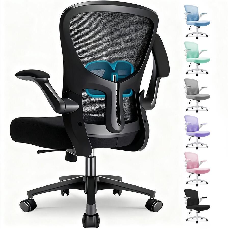 Durrafy Bureaustoel Ergonomische Bureaustoel Verstelbare Kantoorstoel met Lendensteun & 90° Opklapbare Armleuningen Mesh Zitting & Stille Rolwielen Hoogteverstelling Capaciteit Tot 130kg，Stijlvolle zwarte ideaal voor thuis én kantoor