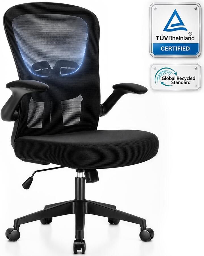 Durrafy Bureaustoel Ergonomische Bureaustoel Verstelbare Kantoorstoel met Lendensteun & 90° Opklapbare Armleuningen Mesh Zitting & Stille Rolwielen Hoogteverstelling Capaciteit Tot 130kg，Stijlvolle zwarte ideaal voor thuis én kantoor - Foto 4