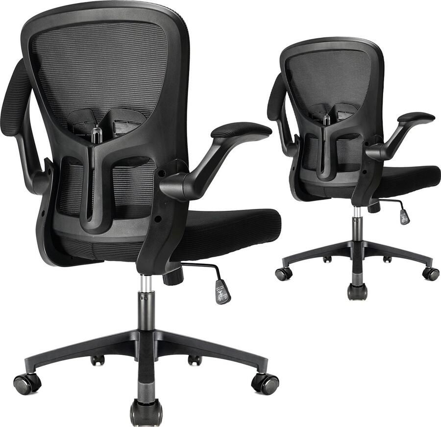 Durrafy bureaustoel Ergonomisch bureaustoel met 90° opklapbare armleuningen en lendensteun bureaustoel met middenrug in hoogte verstelbaar mesh draaistoel met stille wielen capaciteit 130kg