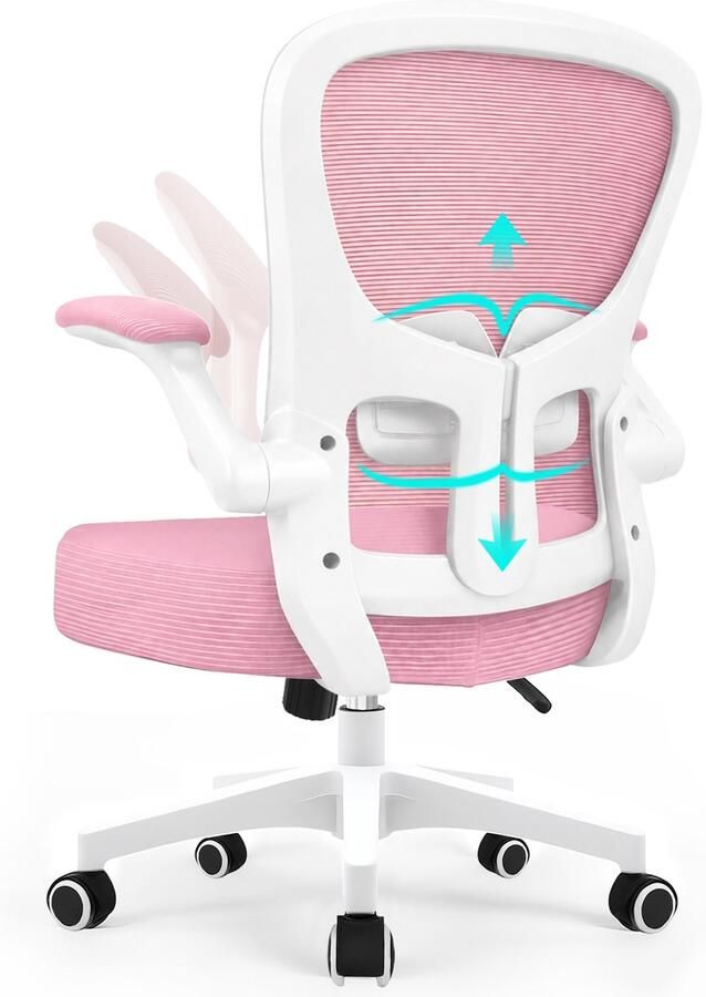 Durrafy Bureaustoel Ergonomische Bureaustoel Verstelbare Kantoorstoel met Lendensteun & 90° Opklapbare Armleuningen Mesh Zitting & Stille Rolwielen Hoogteverstelling Capaciteit Tot 130kg，Stijlvolle roze ideaal voor thuis én kantoor - Foto 3