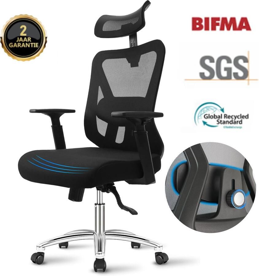 Durrafy Bureaustoel- Ergonomische Bureaustoel-Verstelbare Lendensteun 90° tot 130° Kantelvergrendeling Mesh Rug Comfortabele Zitting 150 kg Draagvermogen Zwart – Bureaustoel voor Thuiswerken en Kantoor