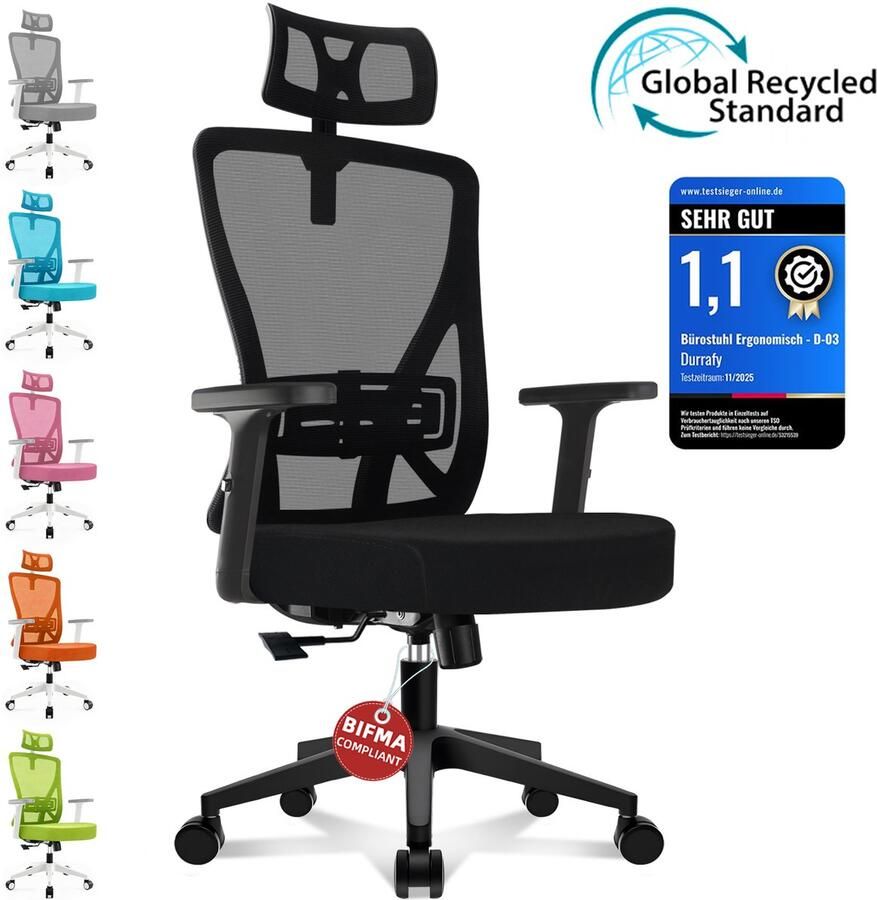 Durrafy Ergonomische Bureaustoel Office Chair Bureaustoelen voor Volwassenen met Verstelbare Armleuningen & Hoofdsteun Verstelbare Lendensteun (±6 cm) Computerstoel met 90°-135° Kantelbare Rugleuning Max. 155 kg Zwart - Foto 2