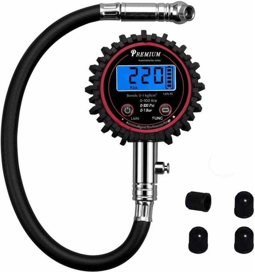 Dussdote Digitale bandenspanningsmeter met slang en LCD-scherm met achtergrondverlichting voor fietsen motorfietsen vrachtwagens auto's en ATV's