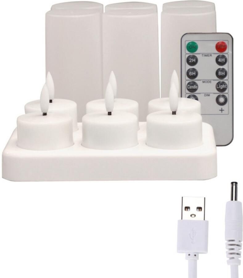 Dussdote Oplaadbare LED-kaarsen Elektrische LED-theelichtjes met oplaadstation en afstandsbediening Geschikt voor Kerstmis verjaardagen bruiloften tafel- restaurant- en hoteldecoratie Set van 6