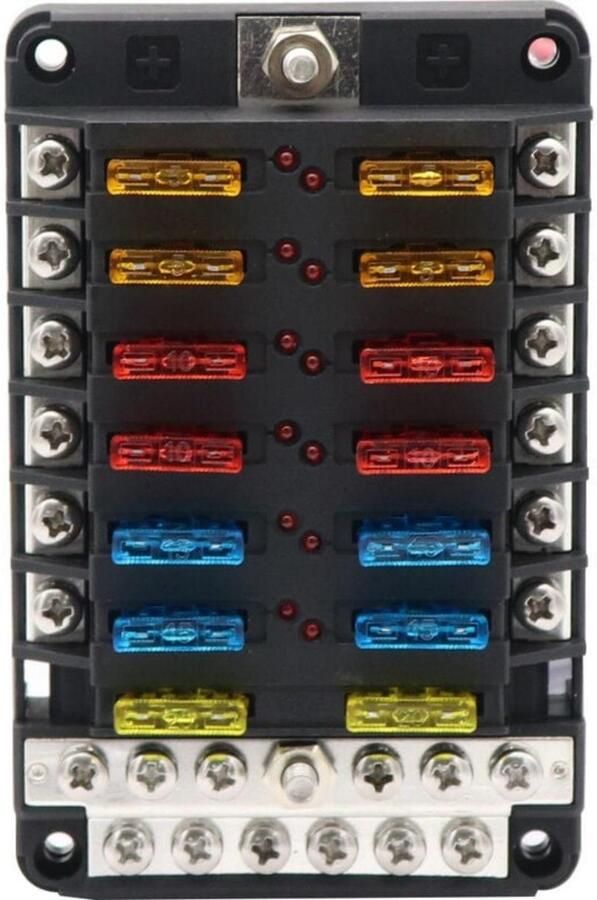 Dussdote Zekeringblok Autozekeringhouder 12-voudige zekeringhouder met LED-indicator Voor auto's boten bestelwagens SUV's en vrachtwagens