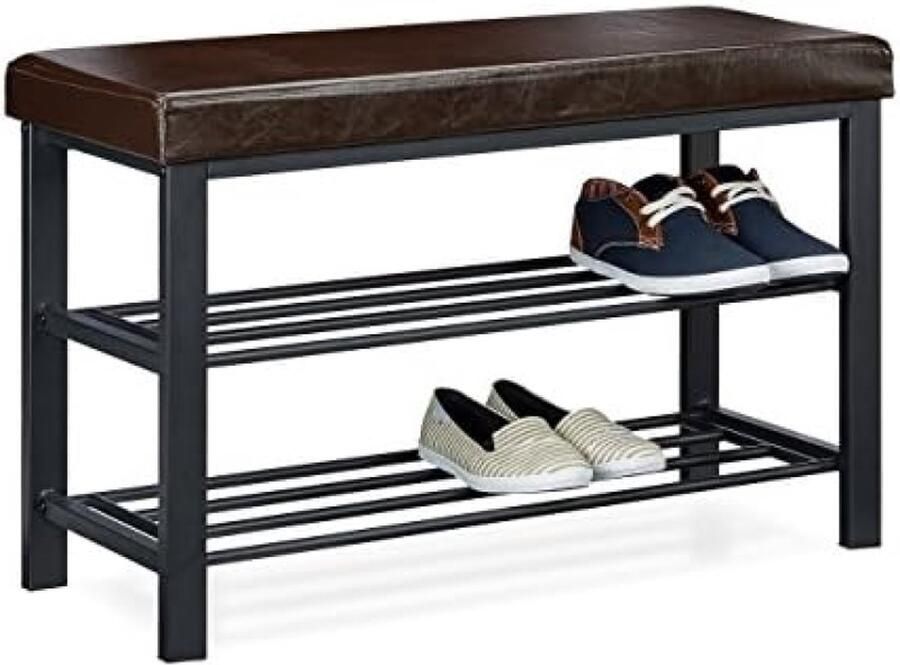Dustdraft Bruin Schoenenbank met zitkussen open 6-8 paar schoenen schoenenrek metaal kunstleer HxBxD 49x81x31 cm