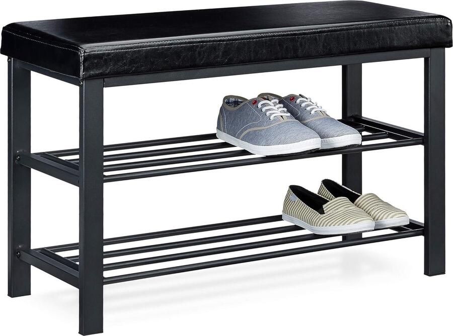 Dustdraft schoenenbank met zitkussen open 6-8 paar schoenen schoenenrek metaal kunstleer HxBxD 49x81x31 cm zwart