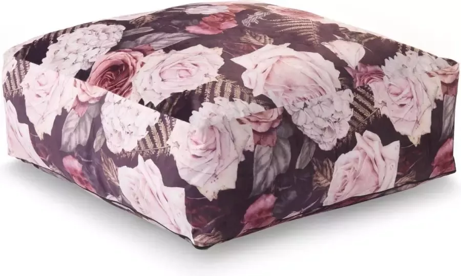 Dutch Decor MEREL Poef vierkant 60x60 cm lila paars roze Hoogte 20 cm bloemen rozen vloerkussen- Hocker- Zitmeubel