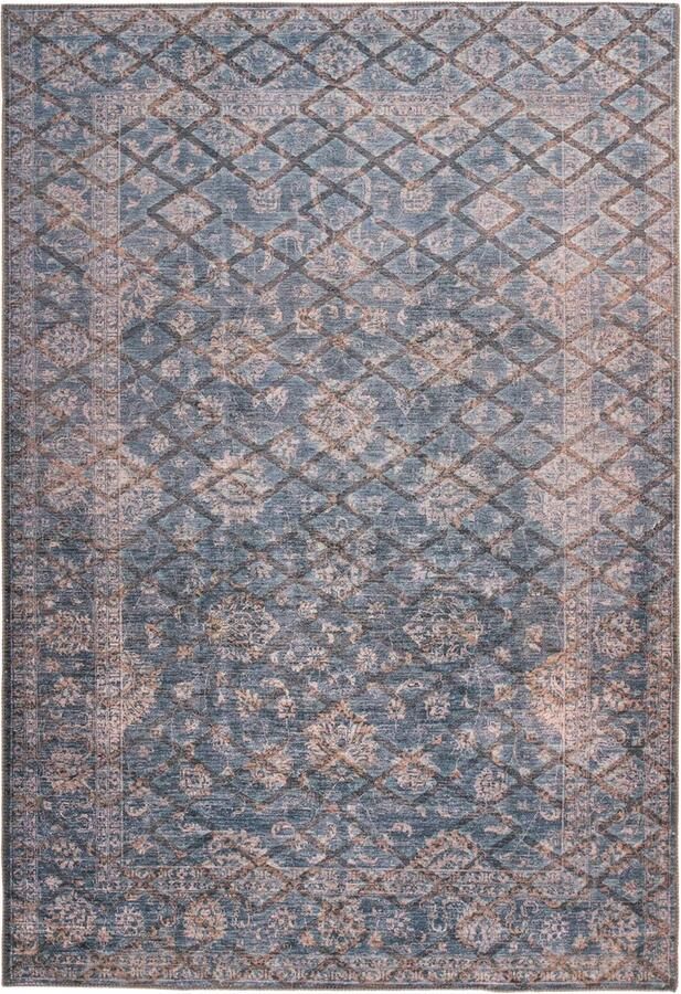 Dutch XXL Laagpolig Vloerkleed Tapijt Antique Ruiten Blauw Goud 80x150 cm