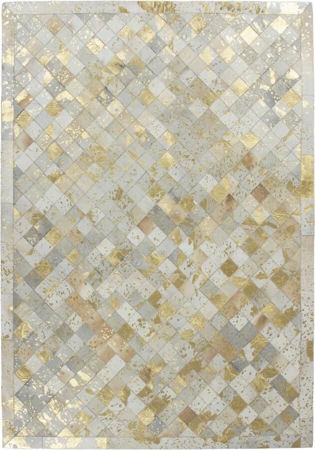 Dutch XXL Leren Vloerkleed Tapijt Lavish Ruiten Crème Goud 80x150 cm