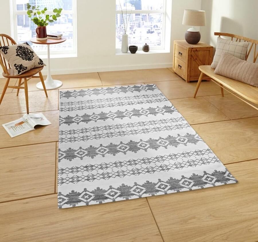 Kayoom Laagpolig vloerkleed met jacquard patroon 80 x 150 Grijs Ivory